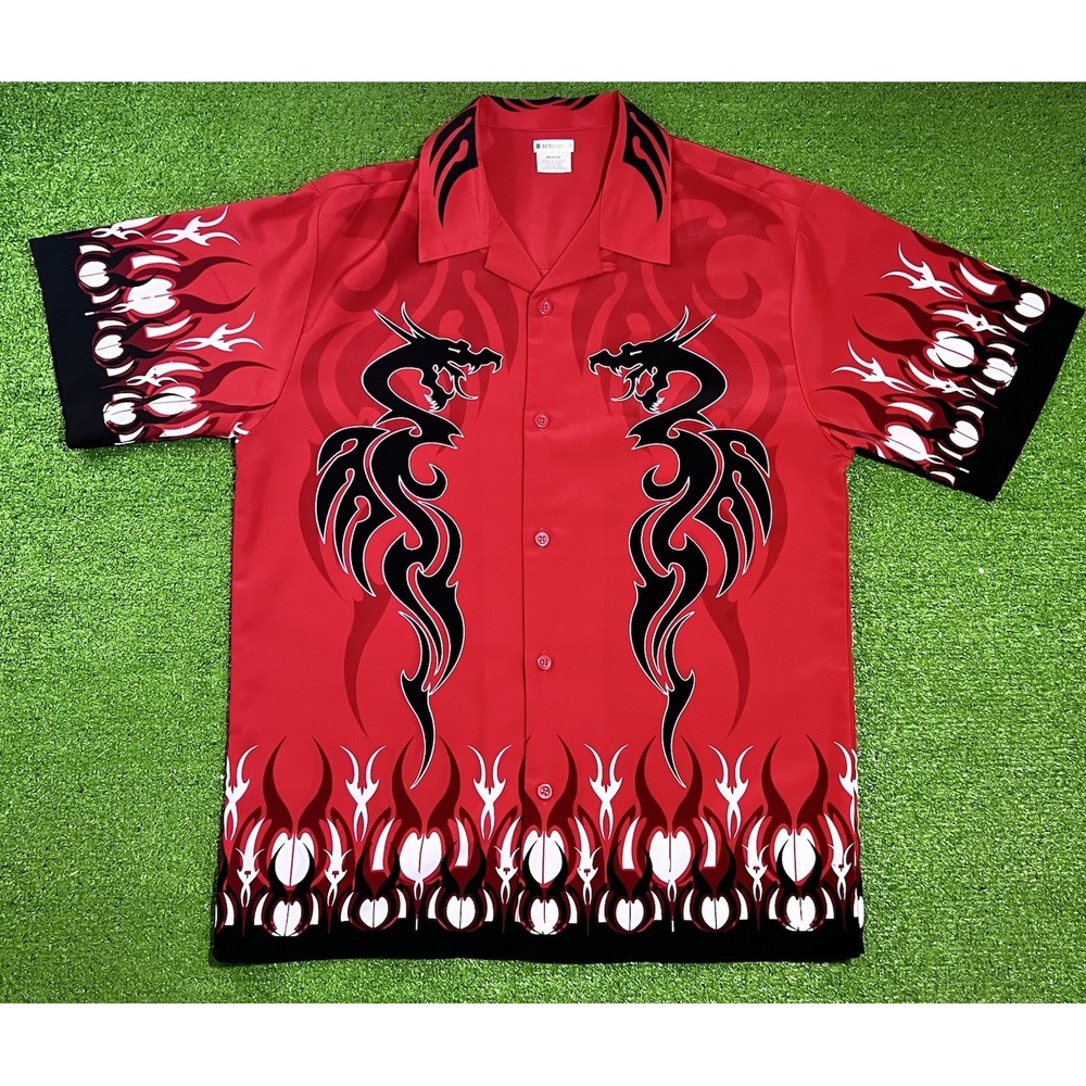 Vintage Y2K No‎ Boundaries Dragons Tribal Button Down Med. Asian AOP  Grunge
